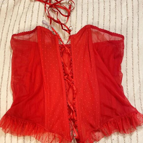 SAVAGE X FENTY Red CANDY HEARTS DOTTED MESH OPEN-BACK SKIRT. Ruffle trim - Picture 3 of 6